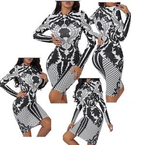 Geo & Argyle Print Mock Neck Bodycon Dress